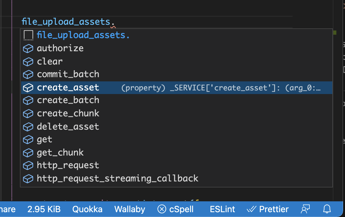 Example of IntelliSense for an asset canister's service methods